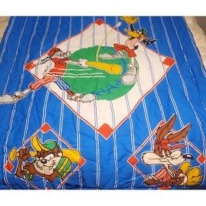 VTG Looney Tunes Twin Blanket Baseball 94' Bugs Bunny Taz Daffy Wiley Comforter